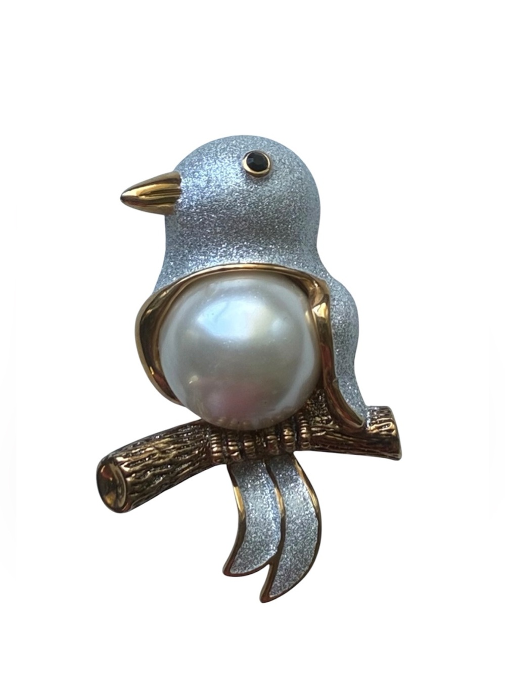 VINTAGE BUTLER BIRD BROOCH FAUX PEARL JELLY BELLY GOLD SILVER TONE 1980S